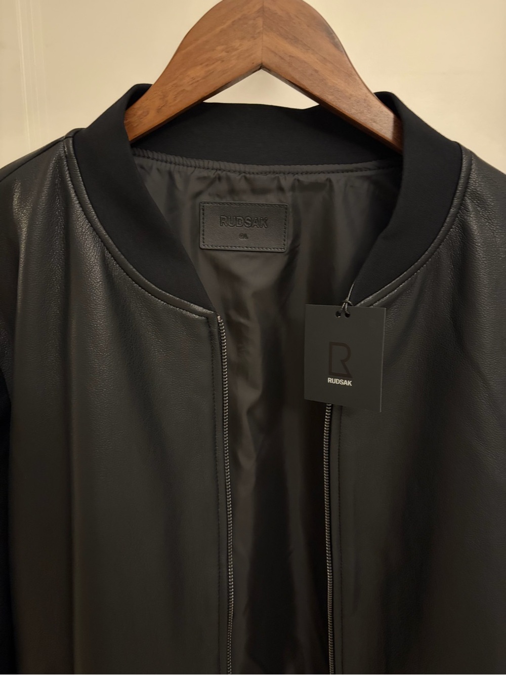 RUDSAK Black Bomber Faux Leather Jacket with Ribbed Collar